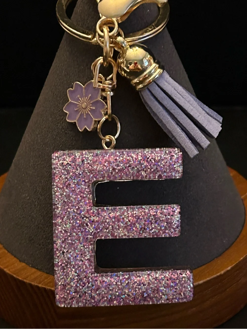 Gold-Tone Key & Card Holder w/Purple Glitter Choice of Initial Charm w/Tassel